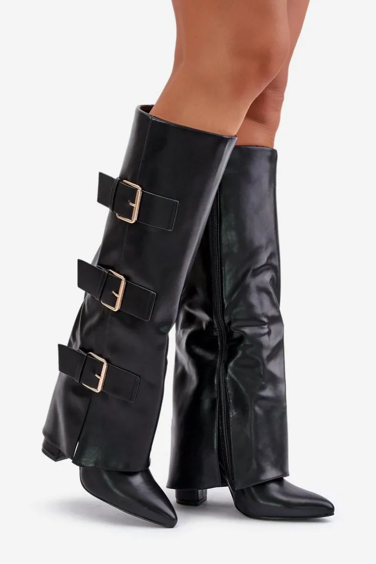 Ocieplane Kozaki Damskie Na Słupku Z Wywiniętą Cholewką I Klamrami Czarne Piregonia