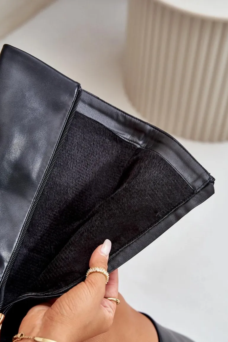 Ocieplane Kozaki Damskie Na Słupku Z Wywiniętą Cholewką I Klamrami Czarne Piregonia