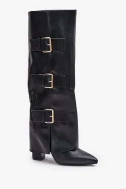 Ocieplane Kozaki Damskie Na Słupku Z Wywiniętą Cholewką I Klamrami Czarne Piregonia