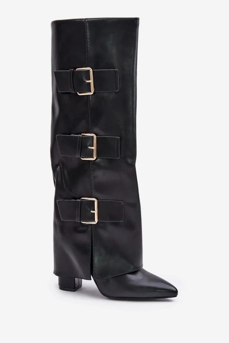 Ocieplane Kozaki Damskie Na Słupku Z Wywiniętą Cholewką I Klamrami Czarne Piregonia