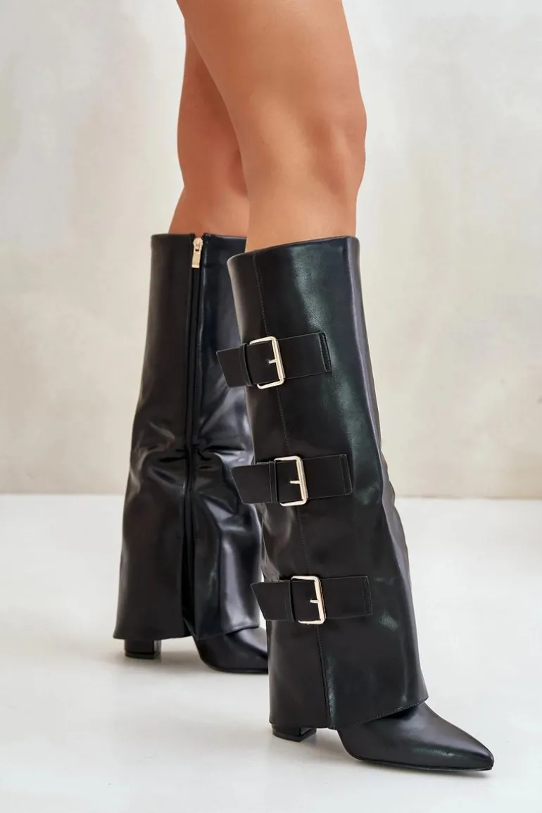 Ocieplane Kozaki Damskie Na Słupku Z Wywiniętą Cholewką I Klamrami Czarne Piregonia