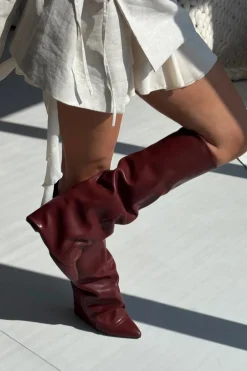 Ocieplane Kozaki Damskie Z Wywiniętą Cholewką Na Słupku Bordowe Elivira