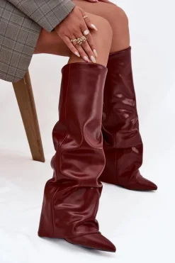 Ocieplane Kozaki Damskie Z Wywiniętą Cholewką Na Słupku Bordowe Elivira