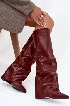 Ocieplane Kozaki Damskie Z Wywiniętą Cholewką Na Słupku Bordowe Elivira