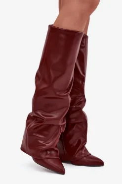 Ocieplane Kozaki Damskie Z Wywiniętą Cholewką Na Słupku Bordowe Elivira