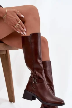 Ocieplane Kozaki Damskie Na Klocku Z Paskiem Sergio Leone KZ25826 Brązowe