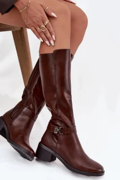 Ocieplane Kozaki Damskie Na Klocku Z Paskiem Sergio Leone KZ25826 Brązowe