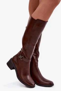 Ocieplane Kozaki Damskie Na Klocku Z Paskiem Sergio Leone KZ25826 Brązowe