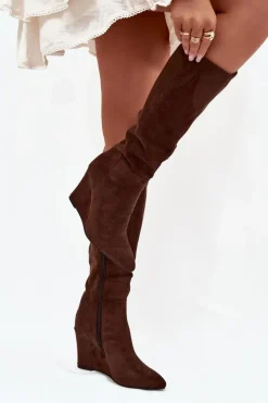 Ocieplane Kozaki Damskie Na Koturnie Czekoladowe Rosina