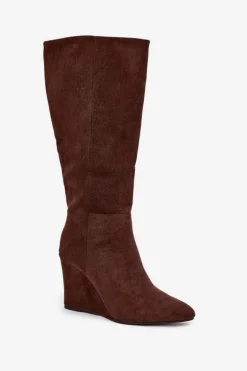 Ocieplane Kozaki Damskie Na Koturnie Czekoladowe Rosina