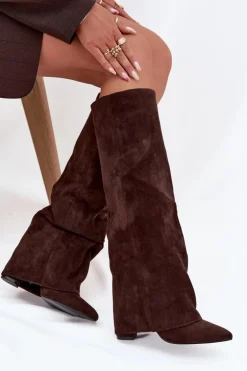 Ocieplane Kozaki Damskie Z Wywiniętą Cholewką Na Słupku Eko Zamszowe Czekoladowe Elivira