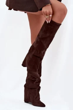 Ocieplane Kozaki Damskie Z Wywiniętą Cholewką Na Słupku Eko Zamszowe Czekoladowe Elivira