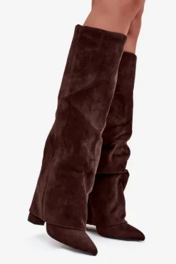 Ocieplane Kozaki Damskie Z Wywiniętą Cholewką Na Słupku Eko Zamszowe Czekoladowe Elivira