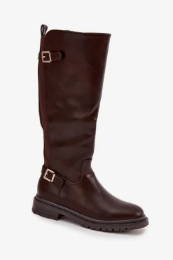 Ocieplane Kozaki Damskie Na Płaskim Obcasie Z Klamrami Czekoladowe Sarelle