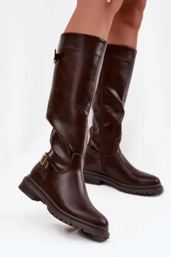 Ocieplane Kozaki Damskie Na Płaskim Obcasie Z Klamrami Czekoladowe Sarelle