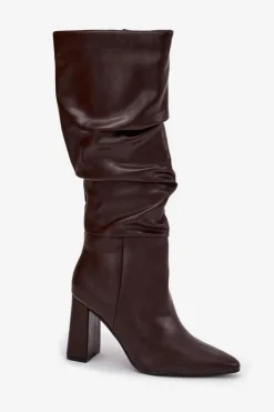 Ocieplane Kozaki Damskie Na Słupku Z Marszczeniem Czekoladowe Dariane