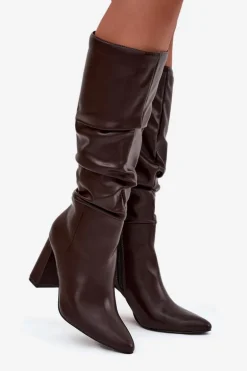 Ocieplane Kozaki Damskie Na Słupku Z Marszczeniem Czekoladowe Dariane