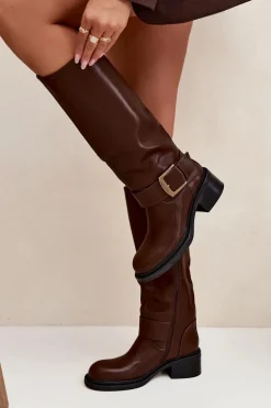 Ocieplane Kozaki Damskie Na Klocku Z Klamrą Czekoladowe Raphaela