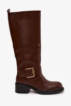 Ocieplane Kozaki Damskie Na Klocku Z Klamrą Czekoladowe Raphaela