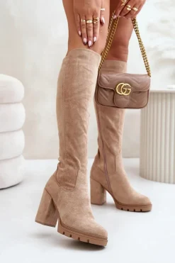 Ocieplane Kozaki Damskie Na Słupku Eko Zamszowe Beżowe Tirisha