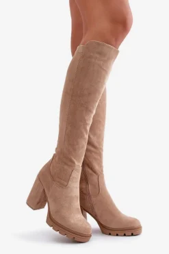 Ocieplane Kozaki Damskie Na Słupku Eko Zamszowe Beżowe Tirisha