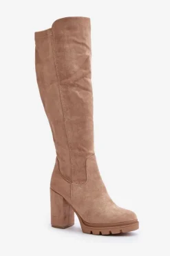 Ocieplane Kozaki Damskie Na Słupku Eko Zamszowe Beżowe Tirisha