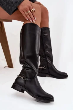 Ocieplane Kozaki Damskie Na Płaskim Obcasie Z Ozdobnym Detalem Czarne Renaya