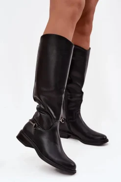 Ocieplane Kozaki Damskie Na Płaskim Obcasie Z Ozdobnym Detalem Czarne Renaya