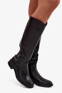 Ocieplane Kozaki Damskie Na Płaskim Obcasie Z Ozdobnym Detalem Czarne Renaya