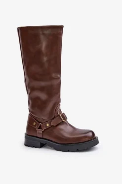 Ocieplane Kozaki Damskie Na Zamek Eko Skórzane Brązowe Tialethe