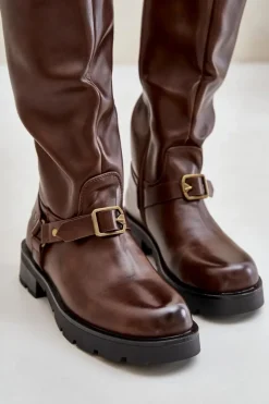 Ocieplane Kozaki Damskie Na Zamek Eko Skórzane Brązowe Tialethe