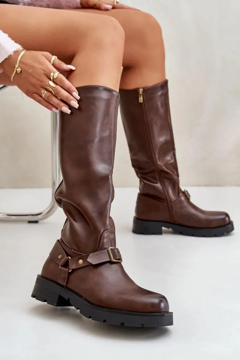 Ocieplane Kozaki Damskie Na Zamek Eko Skórzane Brązowe Tialethe