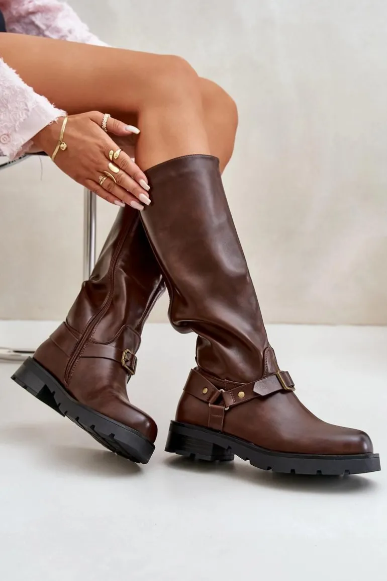 Ocieplane Kozaki Damskie Na Zamek Eko Skórzane Brązowe Tialethe