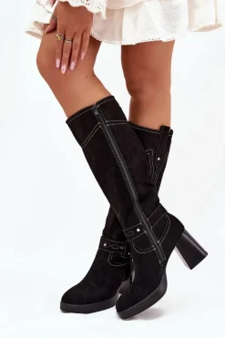 Ocieplane Kozaki Damskie Na Słupku Z Przeszyciami Czarne Alessara