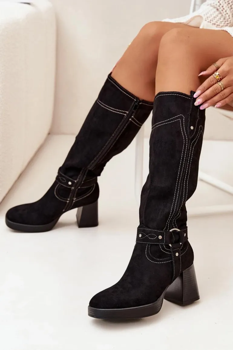 Ocieplane Kozaki Damskie Na Słupku Z Przeszyciami Czarne Alessara