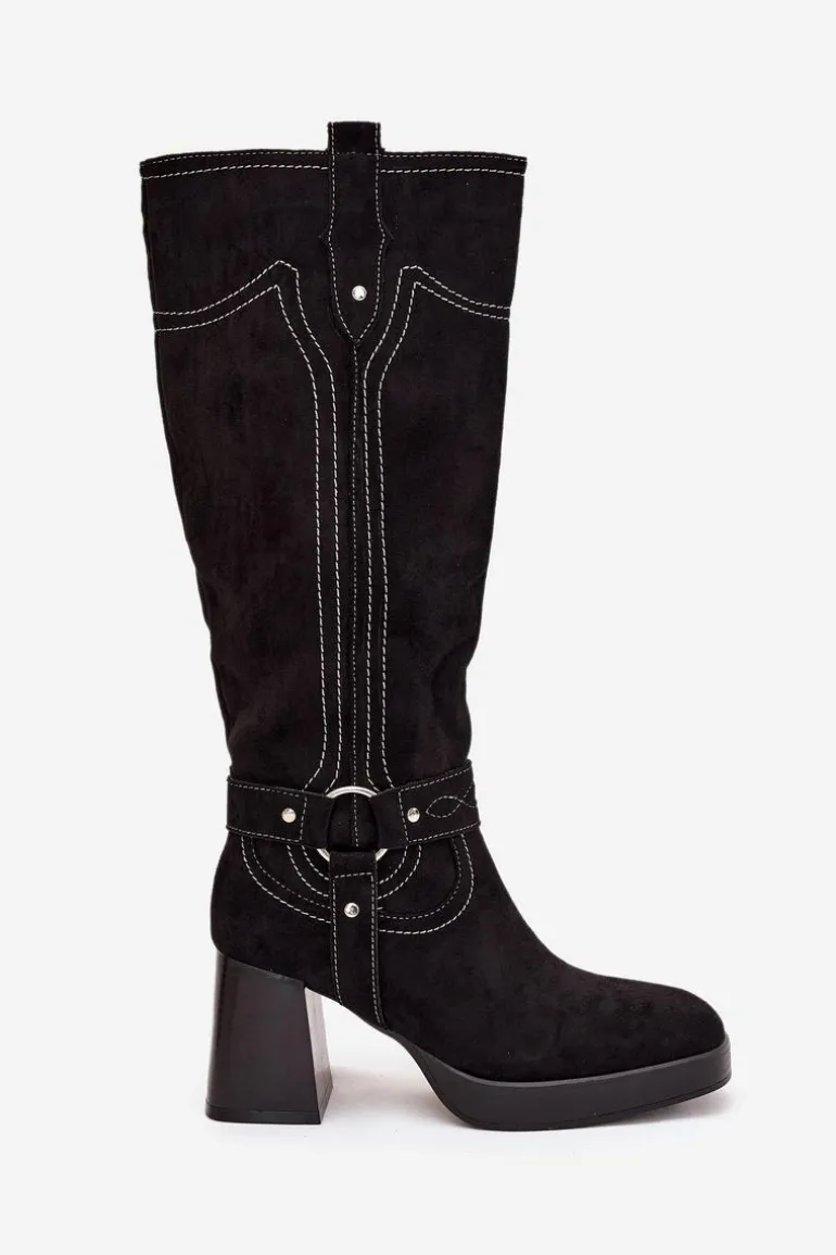 Ocieplane Kozaki Damskie Na Słupku Z Przeszyciami Czarne Alessara