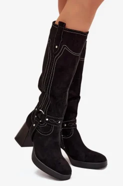 Ocieplane Kozaki Damskie Na Słupku Z Przeszyciami Czarne Alessara