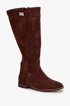 Ocieplane Kozaki Damskie Na Płaskim Obcasie Z Paskiem I Srebrnym Detalem Brązowe Geraline