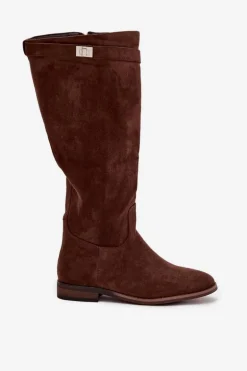 Ocieplane Kozaki Damskie Na Płaskim Obcasie Z Paskiem I Srebrnym Detalem Brązowe Geraline