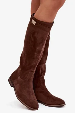 Ocieplane Kozaki Damskie Na Płaskim Obcasie Z Paskiem I Srebrnym Detalem Brązowe Geraline