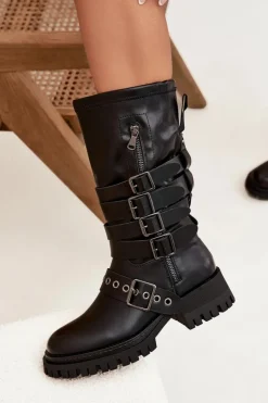 Ocieplane Kozaki Damskie Z Paskami I Klamrami Czarne Ivaline