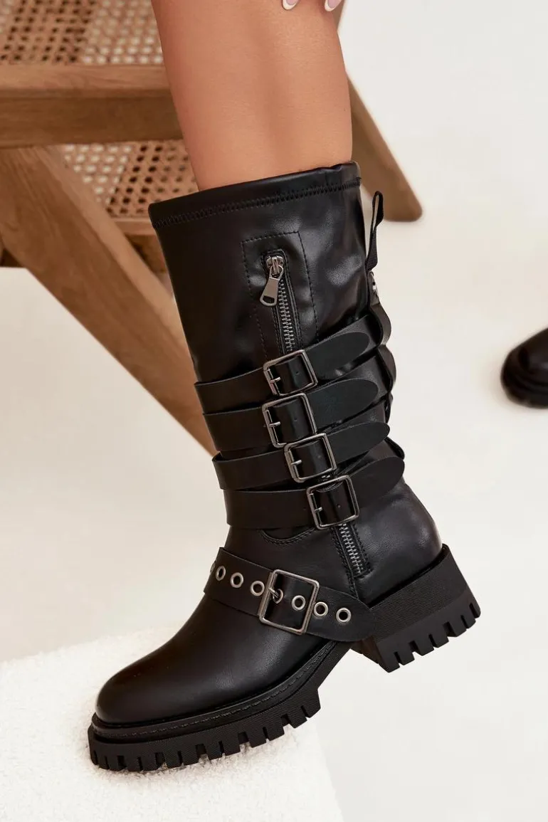 Ocieplane Kozaki Damskie Z Paskami I Klamrami Czarne Ivaline