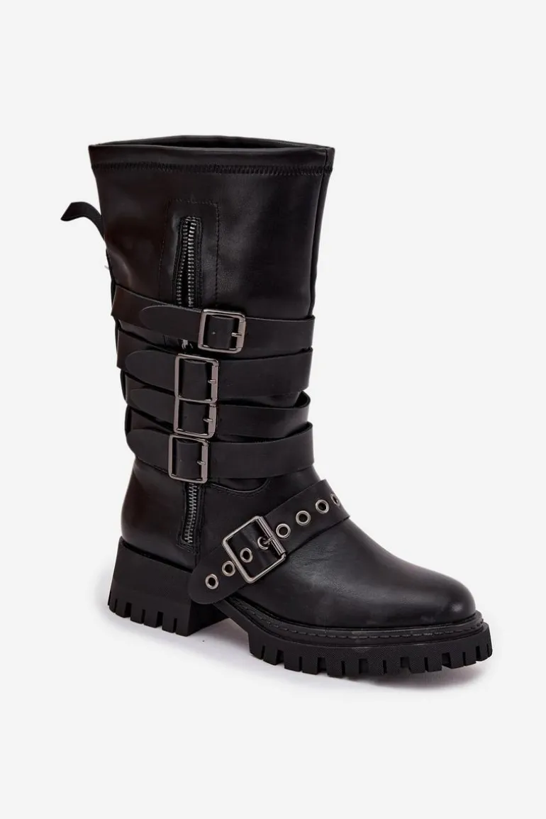 Ocieplane Kozaki Damskie Z Paskami I Klamrami Czarne Ivaline