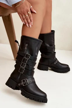 Ocieplane Kozaki Damskie Z Paskami I Klamrami Czarne Ivaline