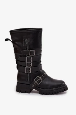 Ocieplane Kozaki Damskie Z Paskami I Klamrami Czarne Ivaline