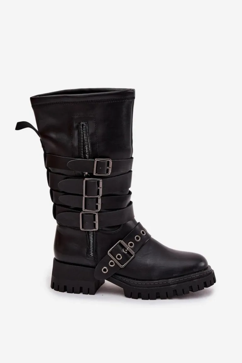 Ocieplane Kozaki Damskie Z Paskami I Klamrami Czarne Ivaline
