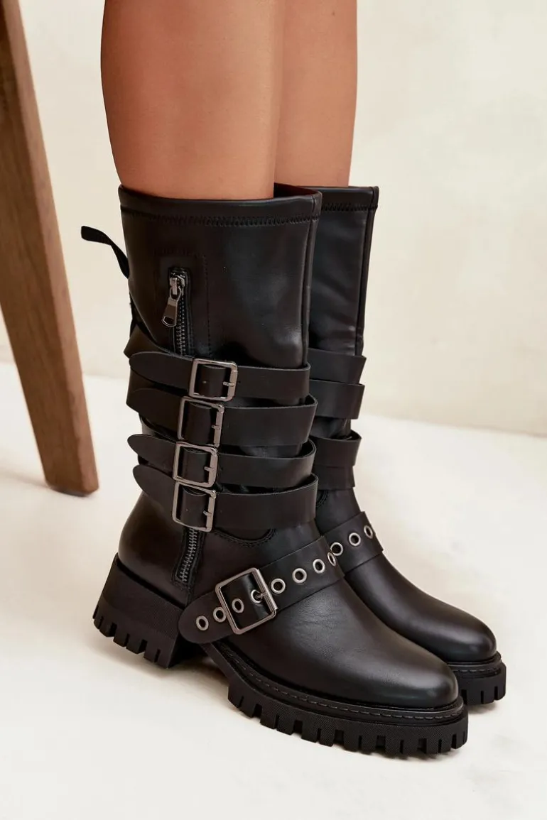 Ocieplane Kozaki Damskie Z Paskami I Klamrami Czarne Ivaline