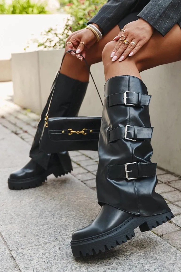 Ocieplane Kozaki Damskie Ze Srebrnymi Klamrami Czarne Isavine