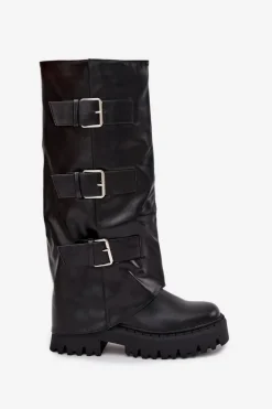 Ocieplane Kozaki Damskie Ze Srebrnymi Klamrami Czarne Isavine