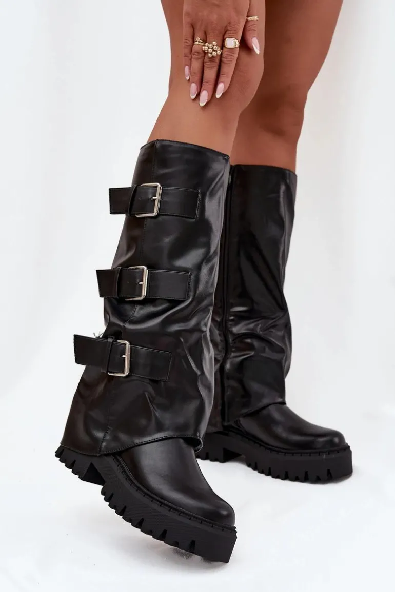 Ocieplane Kozaki Damskie Ze Srebrnymi Klamrami Czarne Isavine